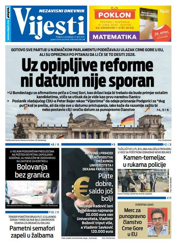 Naslovna strana "Vijesti" za 27. april 2026.