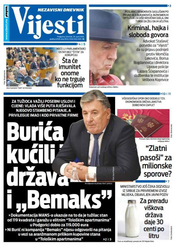 Naslovna strana Vijesti" za 30. april 2026.