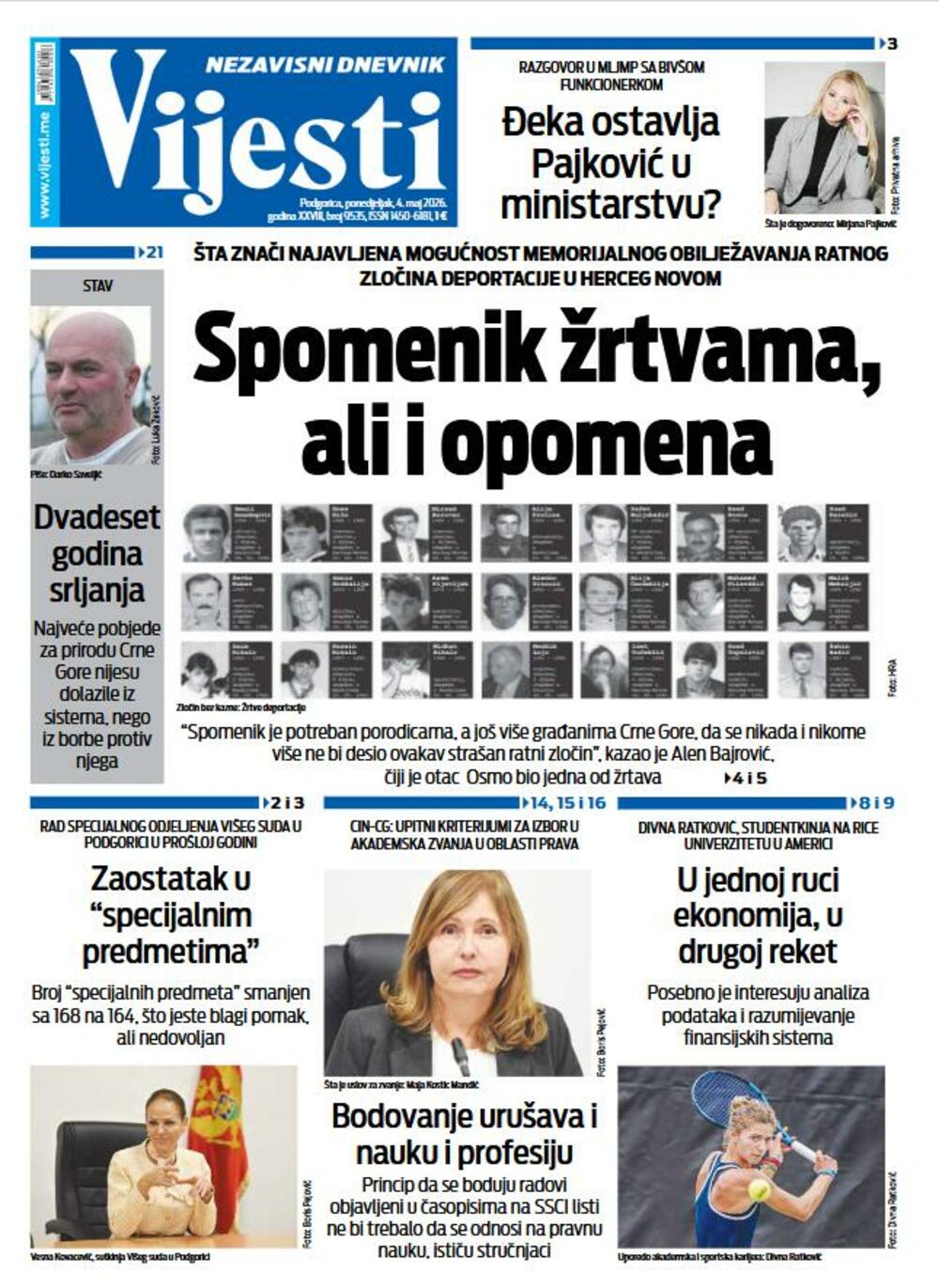 Naslovna strana Vijesti za 4. maj 2026.