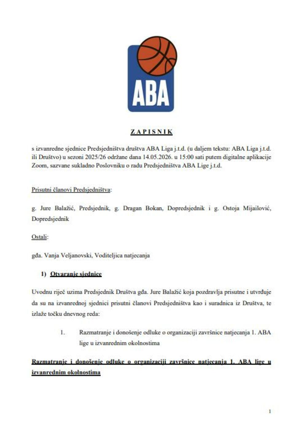ABA liga, Zapisnik