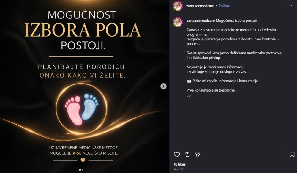 Objava u kojoj se nude konsultacije o programu izbora pola bebe