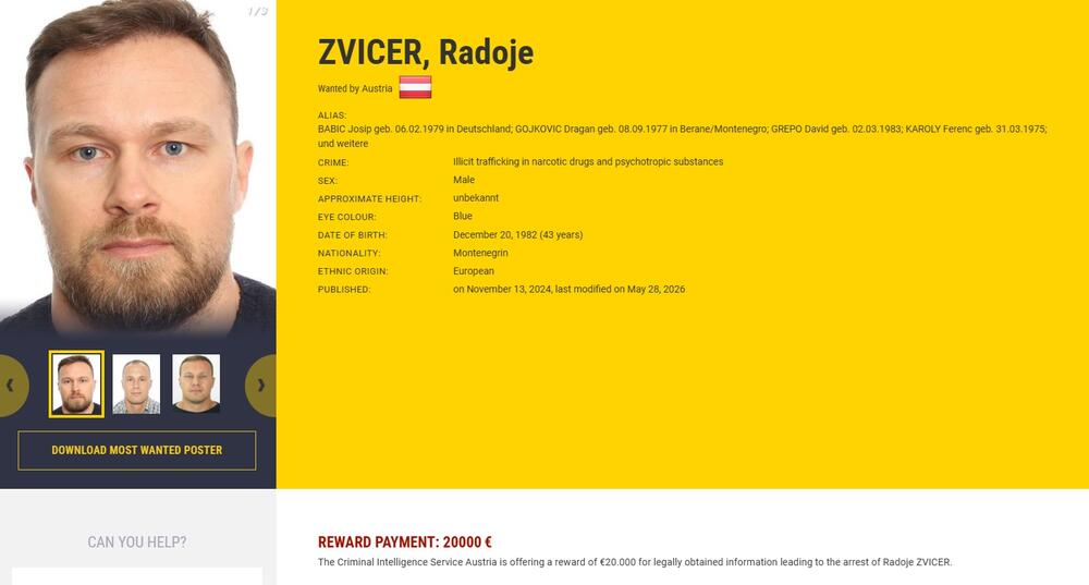 Austrija raspisala potjernicu za Radojem Zvicerom, preko Europola...