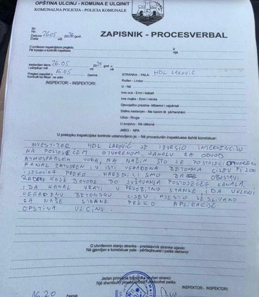 <p>Iz Opštine Ulcinj su kazali da su u periodu nakon donošenja mjera, službenici Sekretarijata za komunalni nadzor i inspekcijske poslove vršili svakodnevne kontrole lokaliteta, sa ciljem sprečavanja nastavka nelegalnih aktivnosti i nastanka eventualne dodatne štete na državnoj imovini i samom kanalu Bratica, koji predstavlja infrastrukturno i ekološki važan vodotok za grad Ulcinj i naselja kroz koja protiče</p>