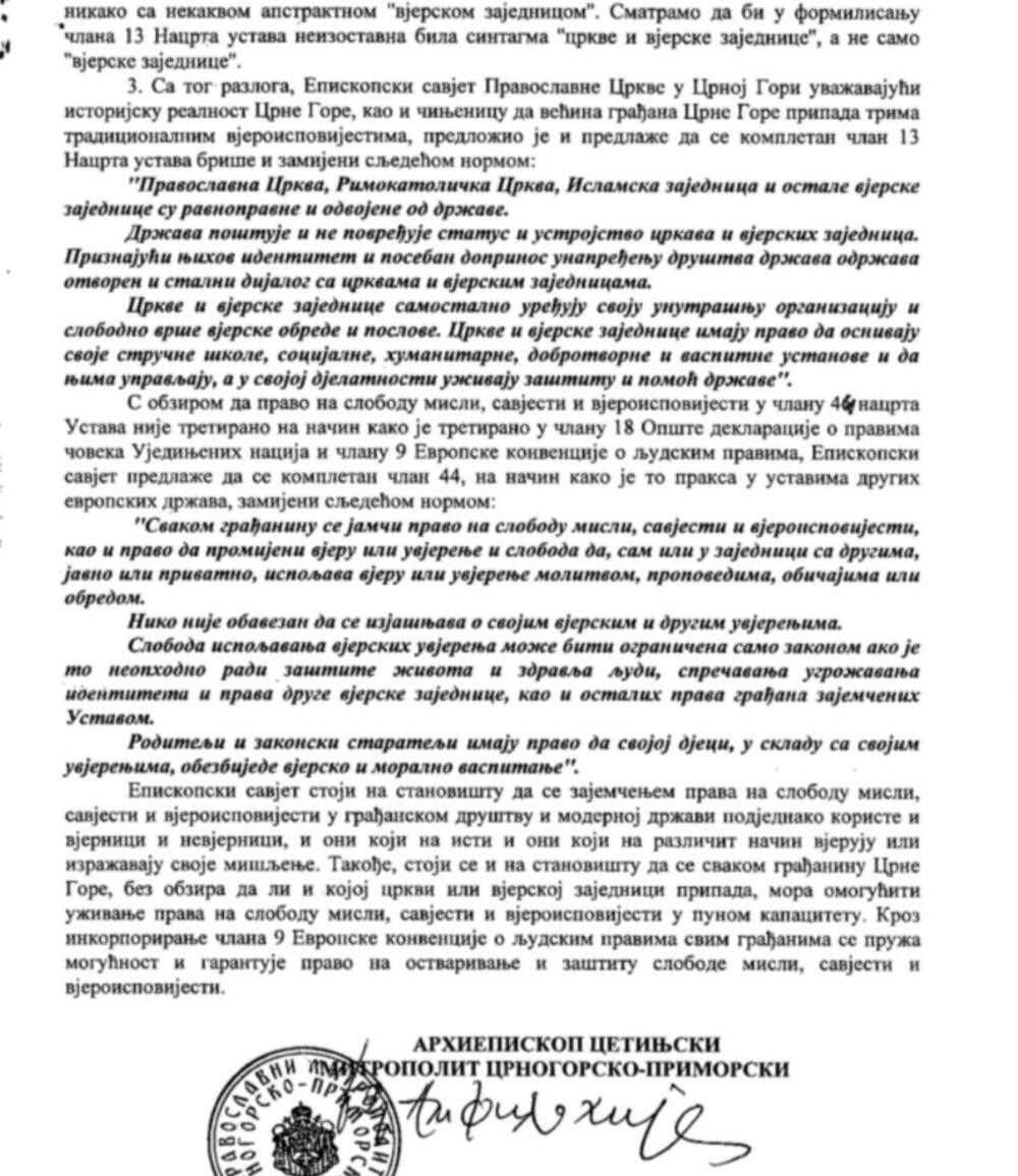 Amfilohijev dopis Ustavotvornoj Skupštini