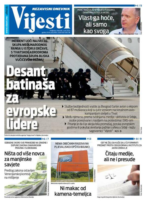 Naslovna strana Vijesti za 4. jun 2026.