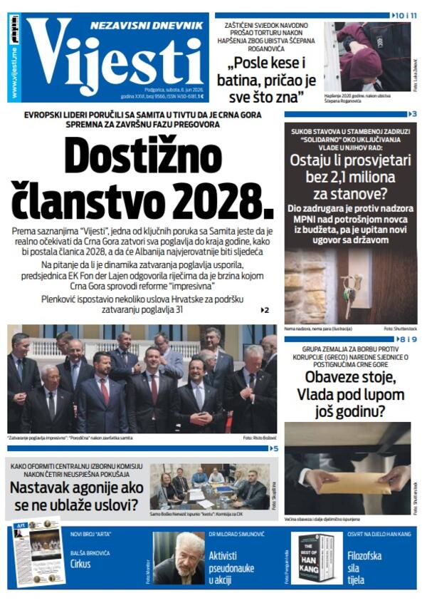 Naslovna strana Vijesti za 6. jun 2026.