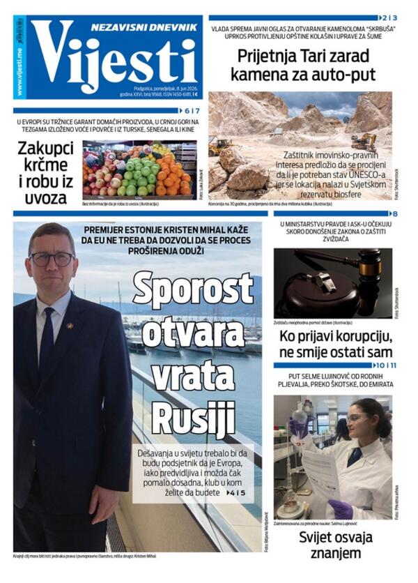 Naslovna strana Vijesti za 8. jun 2026.
