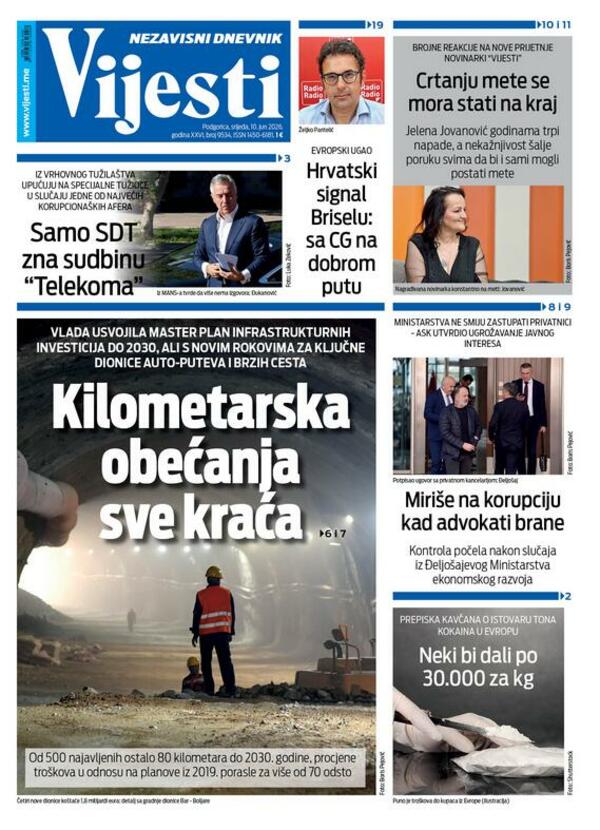 Naslovna strana "Vijesti" za 10. jun 2026.