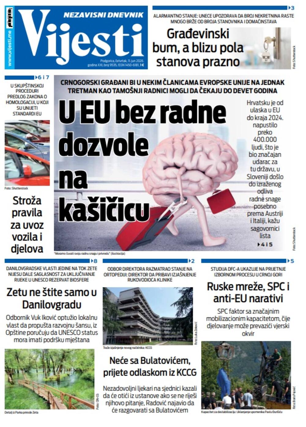Naslovna strana "Vijesti" za 11. jun 2026. godine
