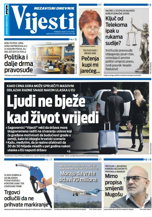Naslovna strana "Vijesti" za 12. jun 2026. godine