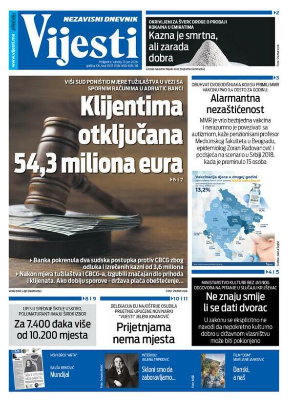 Naslovna strana "Vijesti" za 13. jun 2026. godine