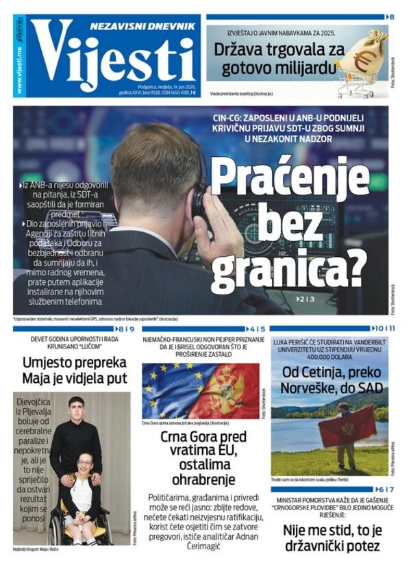 Naslovna strana "Vijesti" za 14. jun 2026. godine