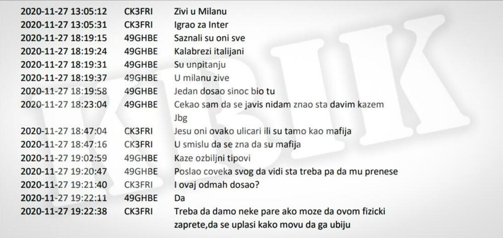 Dio dopisivanja Kokeze, koji koristi 'skaj' broj CK3FRI, sa sagovornikom od kojeg traži da angažuje italijansku mafiju da zastraši Vidića