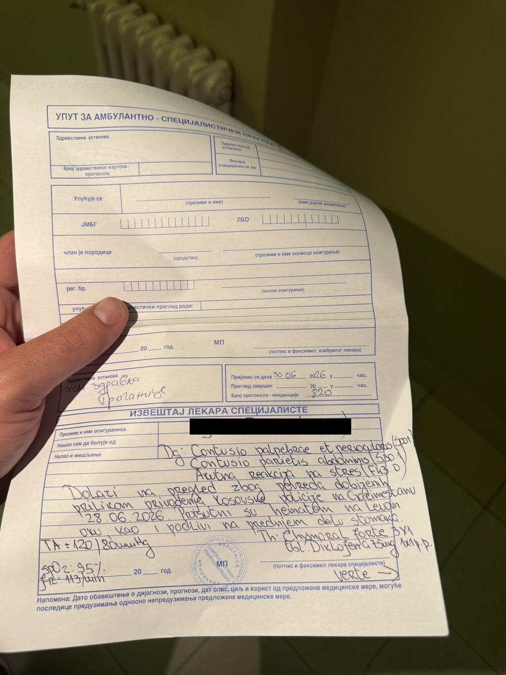 Ljekarski izvještaj jednog od povrijeđenih