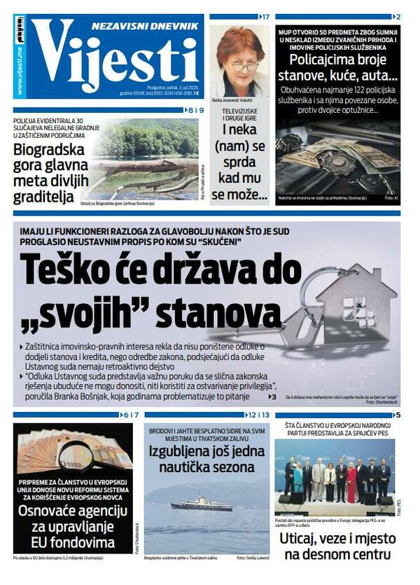 Titelseite von „Vijesti“ vom 3. Juli 2026