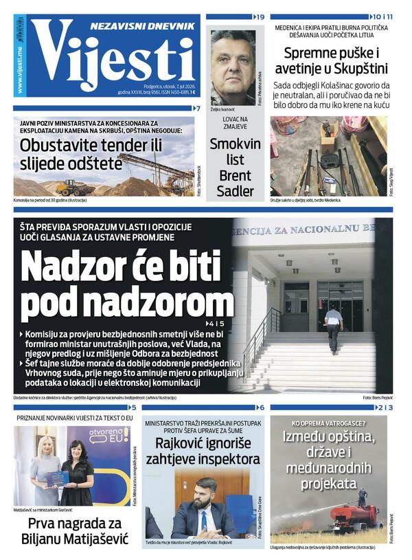 Titelseite von „Vijesti“ vom 7. Juli 2026
