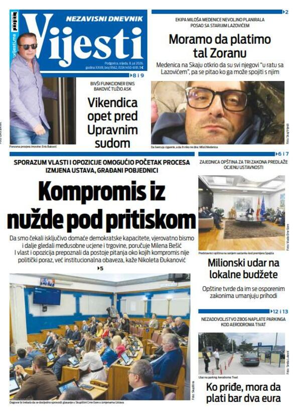 Titelseite von „Vijesti“ vom 8. Juli 2026