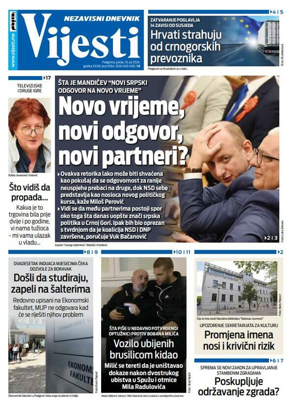 Titelseite von „Vijesti“ vom 10. Juli 2026