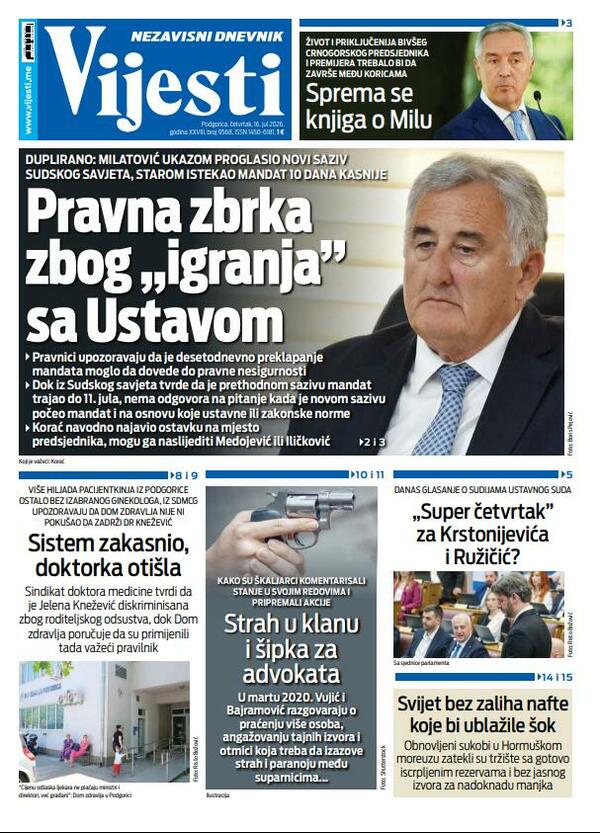 Titelseite von „Vijesti“ vom 16. Juli 2026