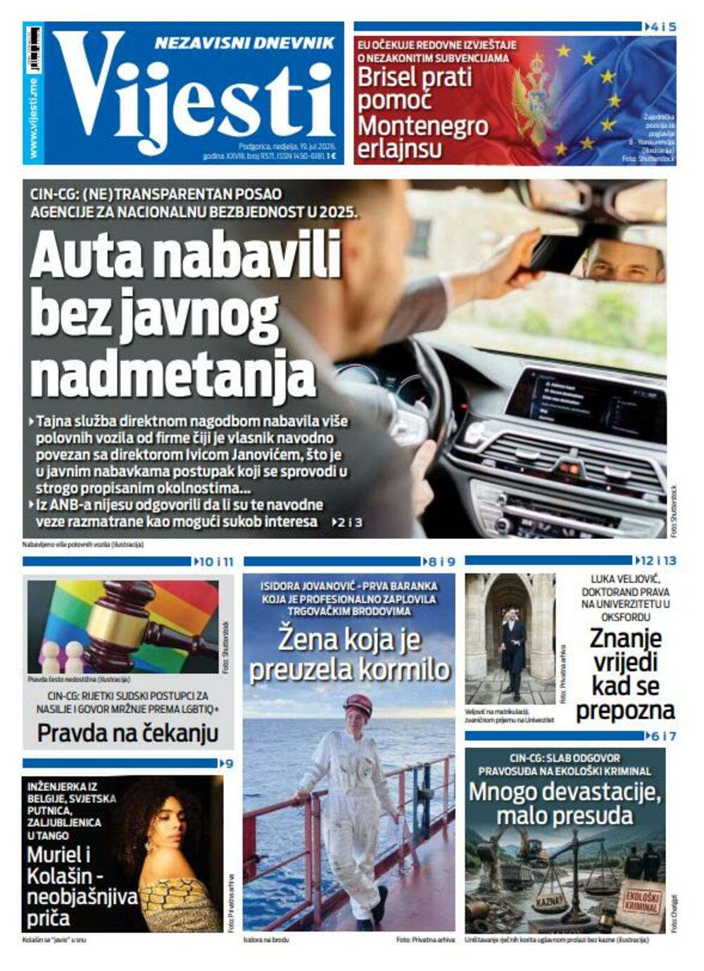 Naslovna strana "Vijesti" za 19. jul 2026. godine