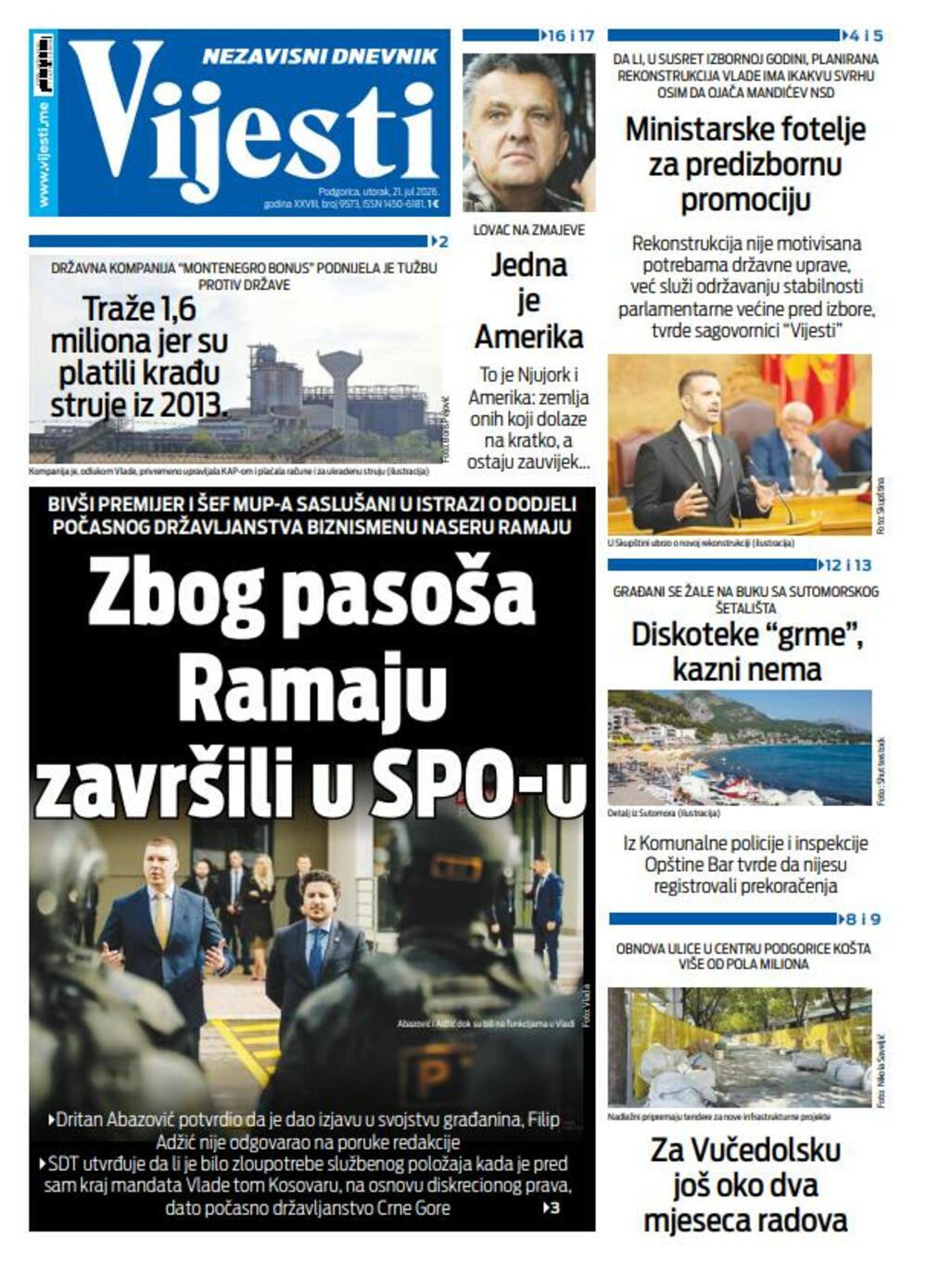 Naslovna strana "Vijesti" za 21. jul 2026. godine