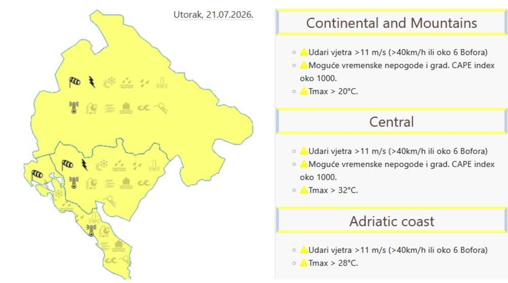 Danas i sjutra na snazi žuti meteoalarm zbog mogućeg nevremena