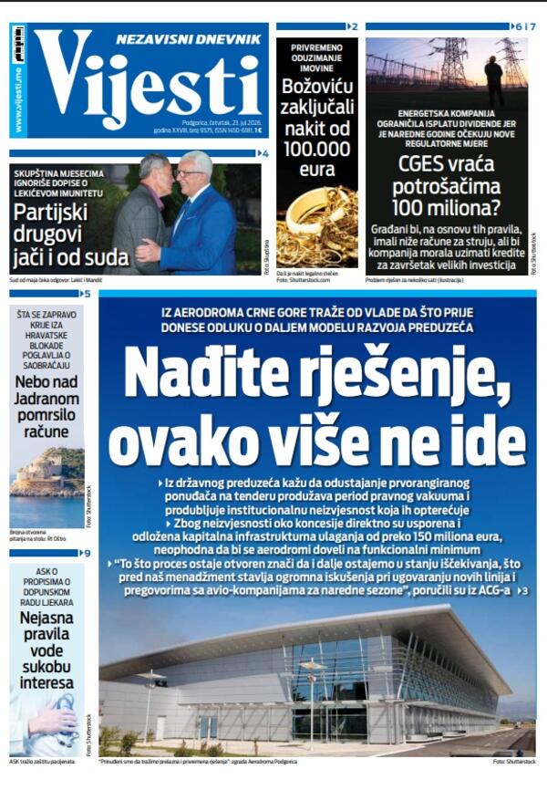 Naslovna strana "Vijesti" za 23. jul 2026. godine