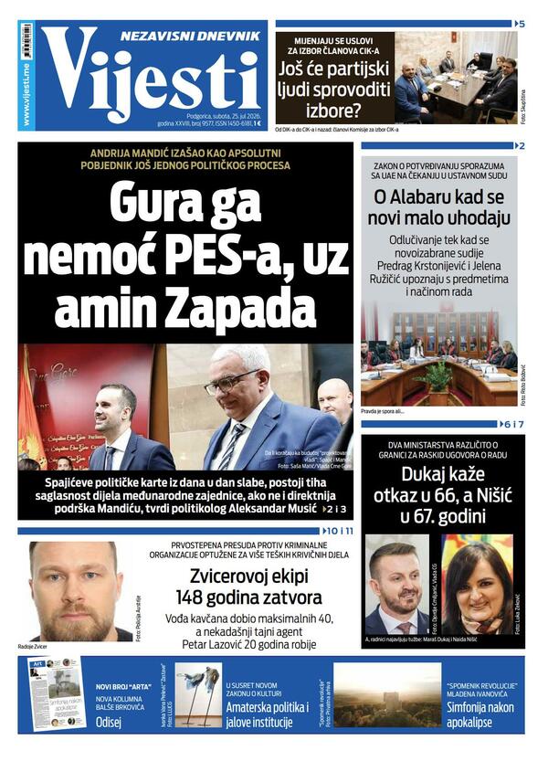 Naslovna strana "Vijesti" za 25. jul 2026. godine