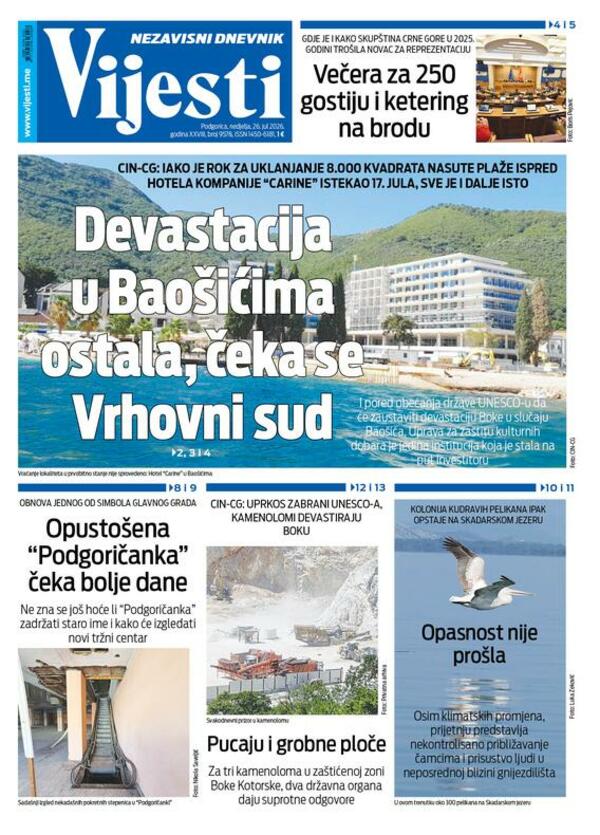 Naslovna strana "Vijesti" za 26. jul 2026. godine