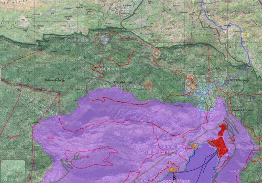 Mapa UNESCO zone zaštite parcele sela i groblja Knežlaz i koncesiona područja za eksploataciju unutar bafer zone
