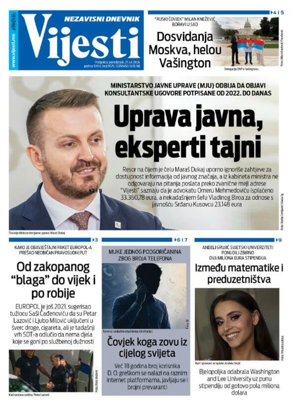Naslovna strana "Vijesti" za 27. jul 2026. godine