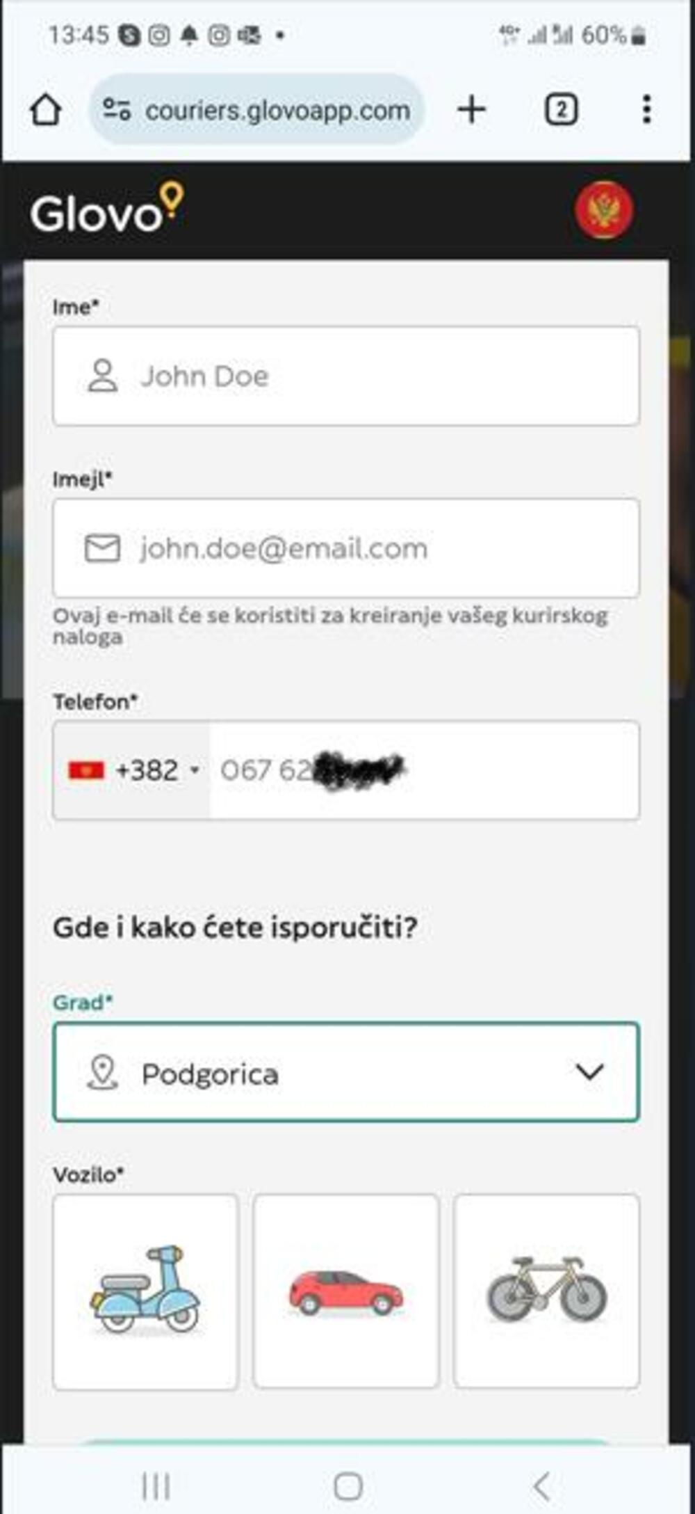Koristi ga i Glovo za primjer registracije