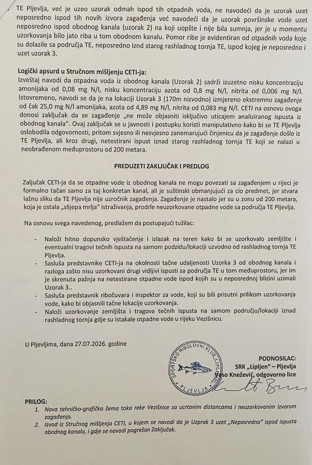 <p>Klub iz Pljevalja tvrdi da dosadašnje analize nisu obuhvatile sve potencijalne izvore zagađenja i traži novi izlazak na teren</p>