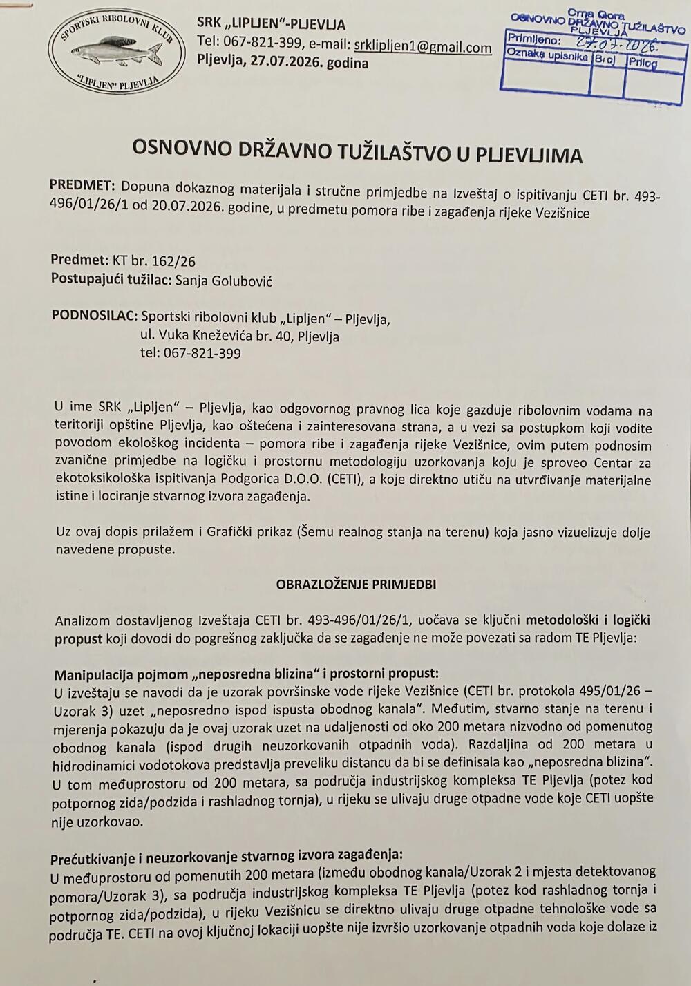 <p>Klub iz Pljevalja tvrdi da dosadašnje analize nisu obuhvatile sve potencijalne izvore zagađenja i traži novi izlazak na teren</p>