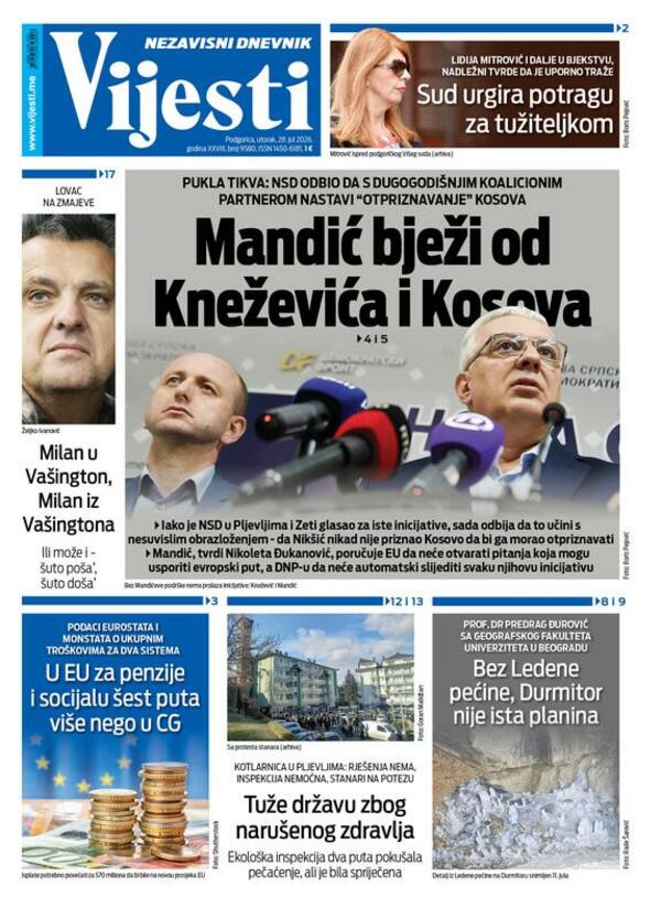 Naslovna strana "Vijesti" za 28. jul 2026. godine