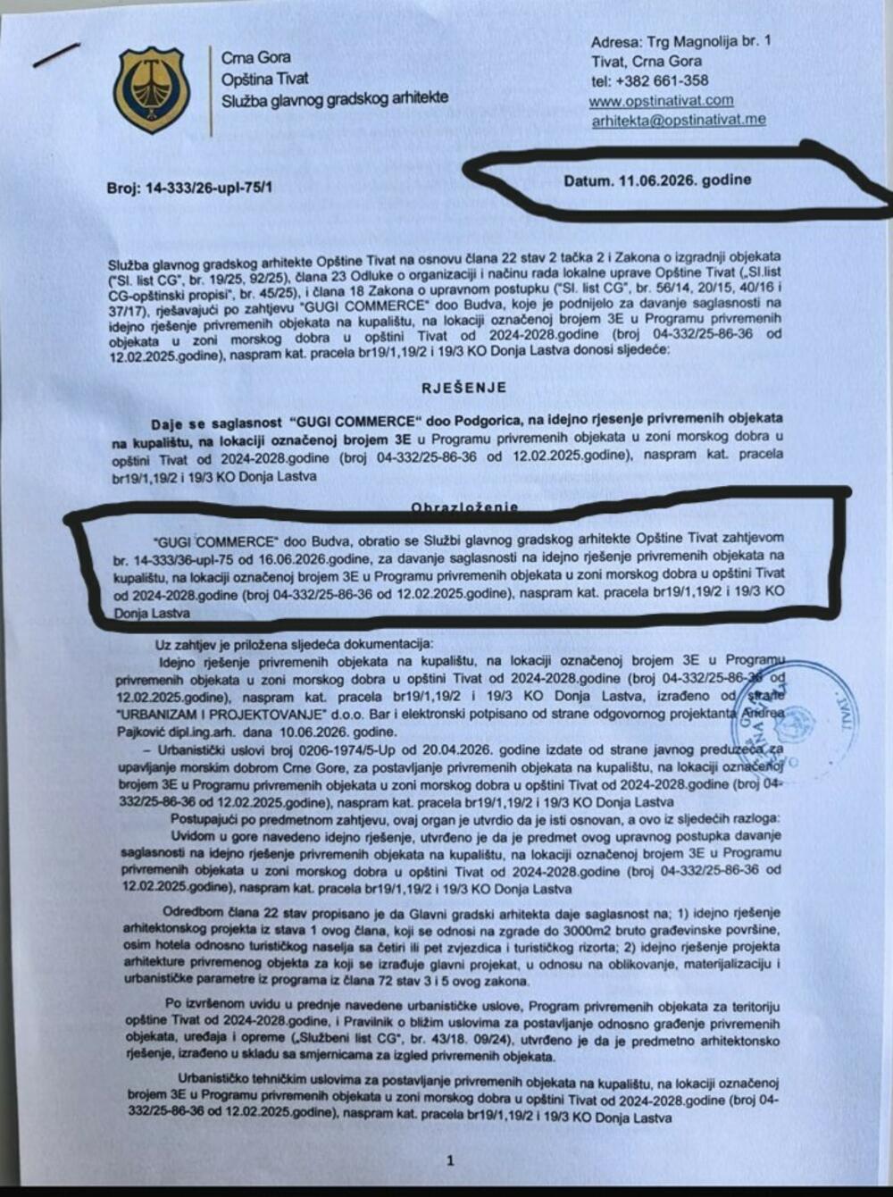 Rješenje tivatskog gradskog arhitekte
