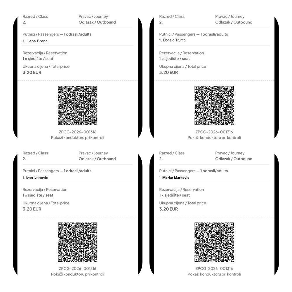 Isti QR kod - četiri imena - karta se lako falsifikuje
