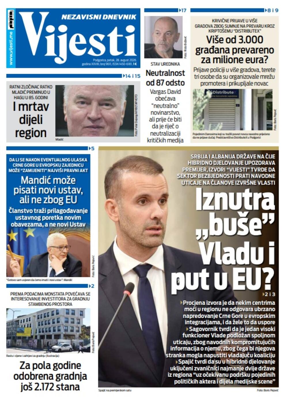 Naslovna strana "Vijesti" za 28. avgust 2026. godine, Foto: Vijesti