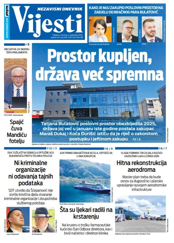 Naslovna strana "Vijesti" za 3. septembar 2026. godine