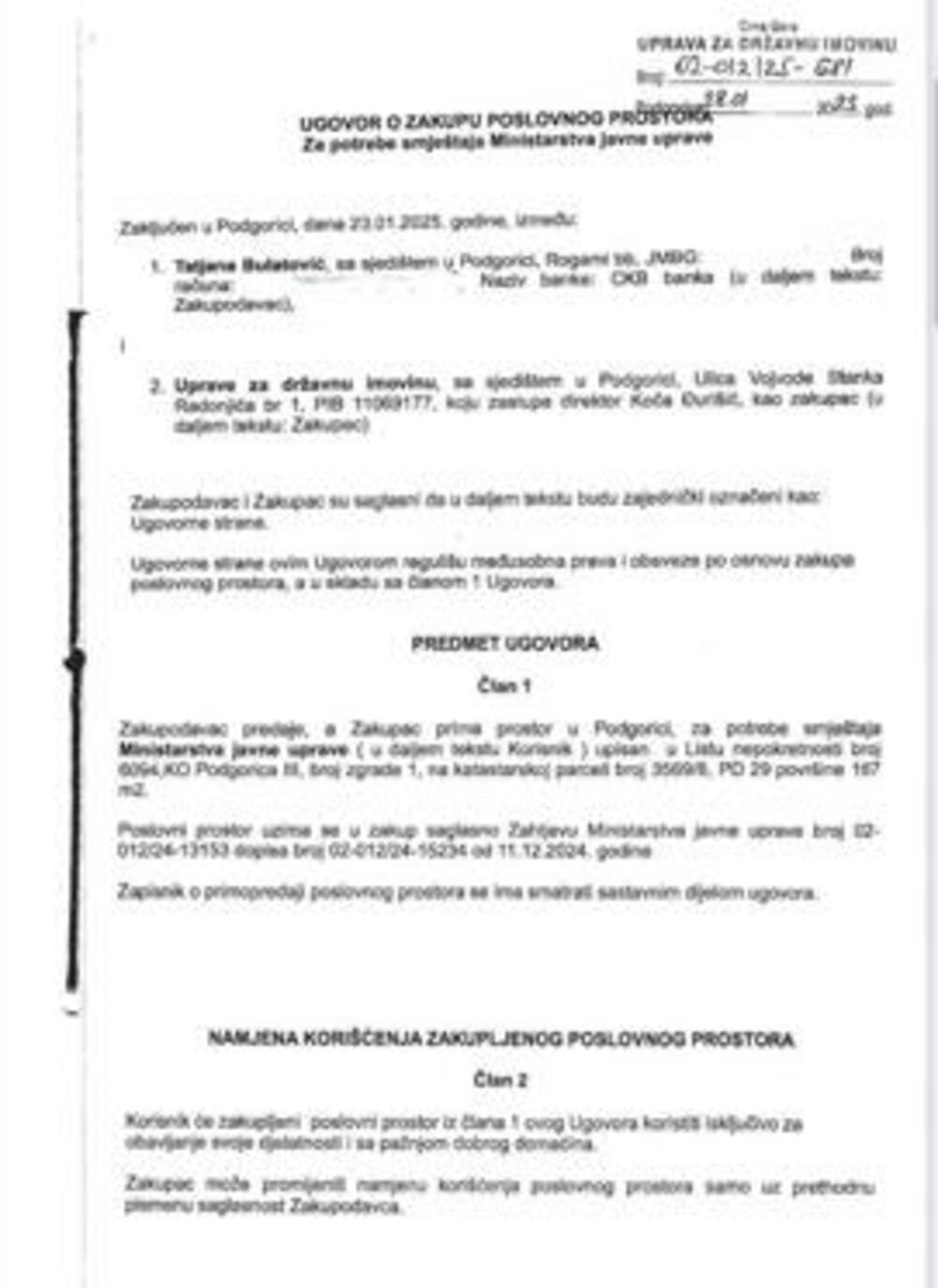 Ugovor o zakupu između Uprave za državnu imovinu i Tatjane Bulatović