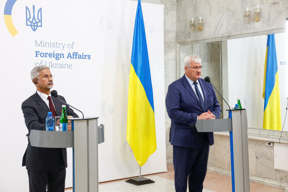 Indijski ministar vanjskih poslova Subrahmajnam Džaišankar i Sibiha na konferenciji za medije u Kijevu