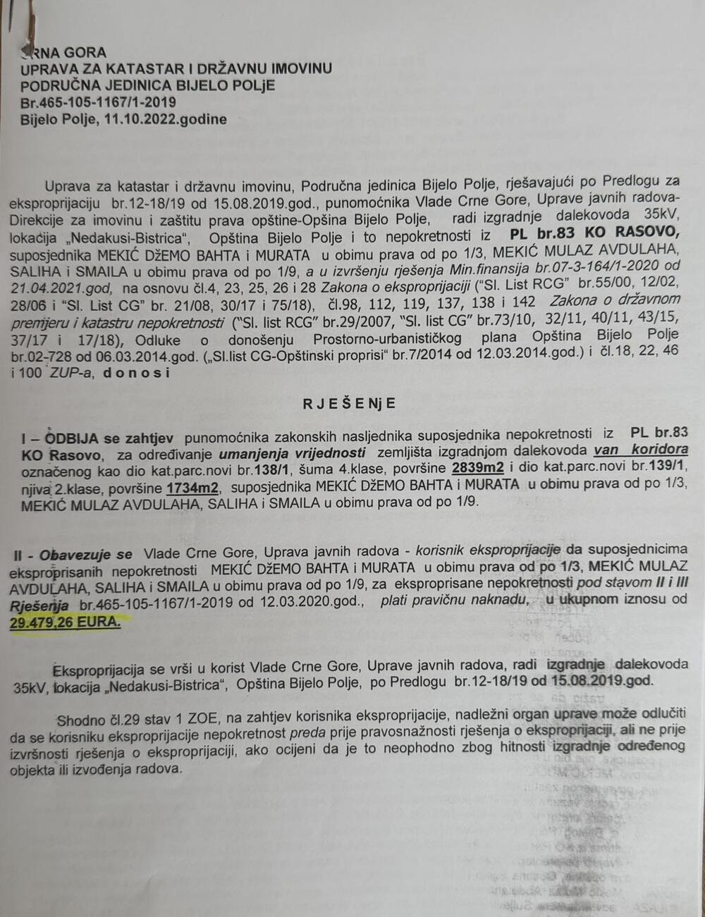 <p>"Opština je imala svoju ulogu u postupku, Vlada Crne Gore je korisnik potpune eksproprijacije, a Uprava javnih radova bila je obavezna da plati eksproprisane nepokretnosti. I još važnije &ndash; Opština Bijelo Polje je svoje obaveze u ovom postupku završila još 2022. godine"</p>