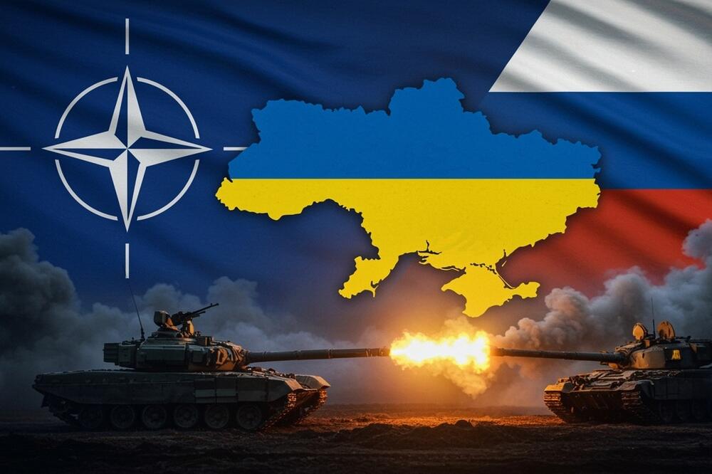 Zastava NATO-a na lijevoj, a ruska na desnoj strani. U sredini nalazi se mapa Ukrajine u bojama ukrajinske zastave i tenkovi koji pucaju (Ilustracija), Foto: Shutterstock