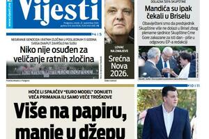 Naslovna strana "Vijesti" za 22. septembar 2026. godine