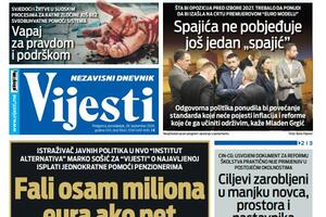 Naslovna strana "Vijesti" za 28. septembar 2026. godine