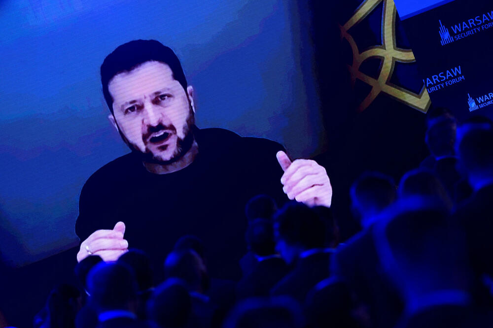 Zelenski je juče govorio na Varšavskom bezbjednosnom forumu u Poljskoj putem video-veze, Foto: Rojters