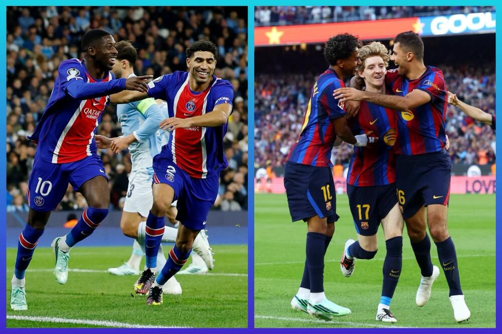 Mnogo majstora na obje strane: Dembele i Hakimi s jedne, Jamal, Rodri i Gordon s druge, Foto: Reuters