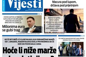 Naslovna strana "Vijesti" za 21. oktobar 2026. godine
