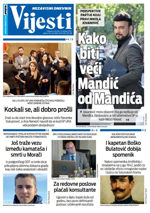 Naslovna strana "Vijesti" za 22. oktobar 2026. godine