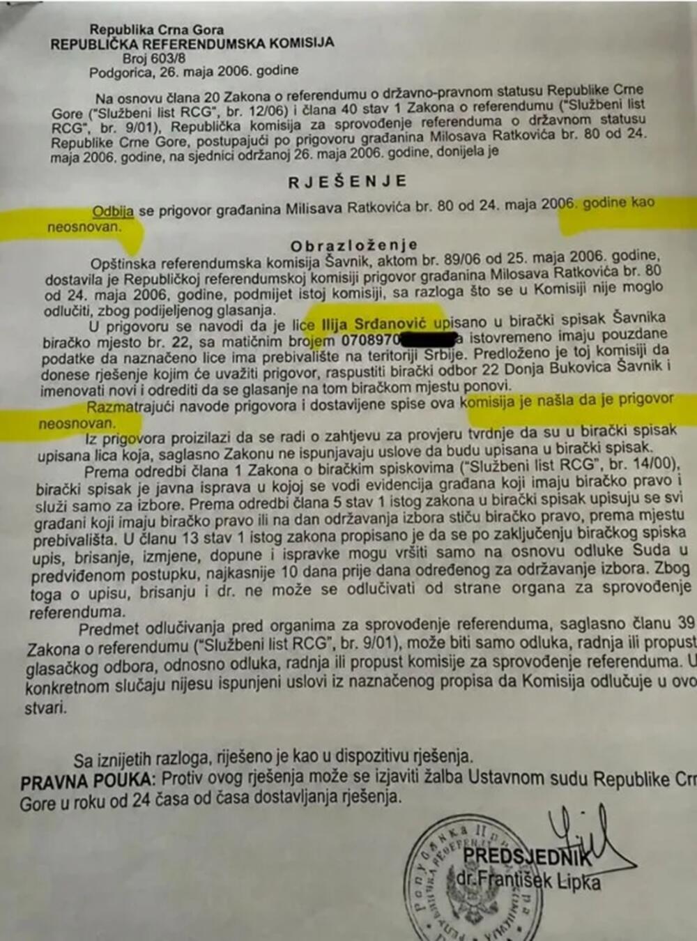 Rješenje o odbijanju prigovora koji su objavili mediji i Knežević